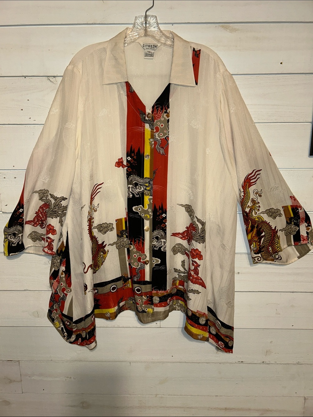 Citron Santa Monica 100% silk Dragon Print Button-Up Shirt in Ivory